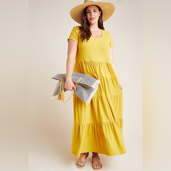 Chelsea & Theodore Mustard Yellow Tiered Maxi Dress size Large - Picture 3 of 8